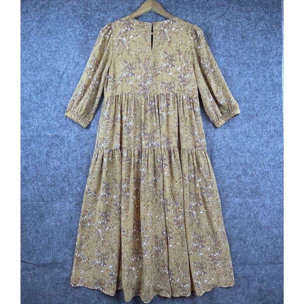 Code X Mode Dress Small Tan Purple Peasant Cottage Farm Tiered Gathered Priairie - Picture 2 of 7